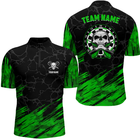 Individuelles 3D All Over Print Skull Darts Quarter Zip Shirt – Grün Schwarz Männer Dart Trikots LDT0646