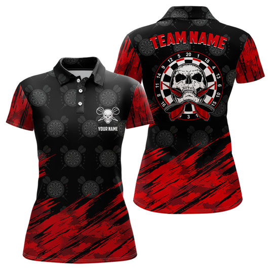 Personalisiertes Rundumdruck Totenkopf Darts Poloshirt Rot Schwarz – Dart Trikot für Damen LDT0648