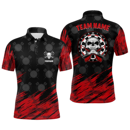 Personalisierter Gesamtdruck Herren Totenkopf Dart-Poloshirt – Rot-Schwarze Darttrikots für Männer LDT0648
