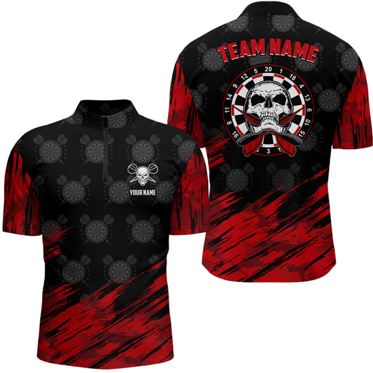 Individuelles All Over Print Skull Darts Quarter-Zip Shirt – Rot Schwarz Dart Trikots für Männer LDT0648
