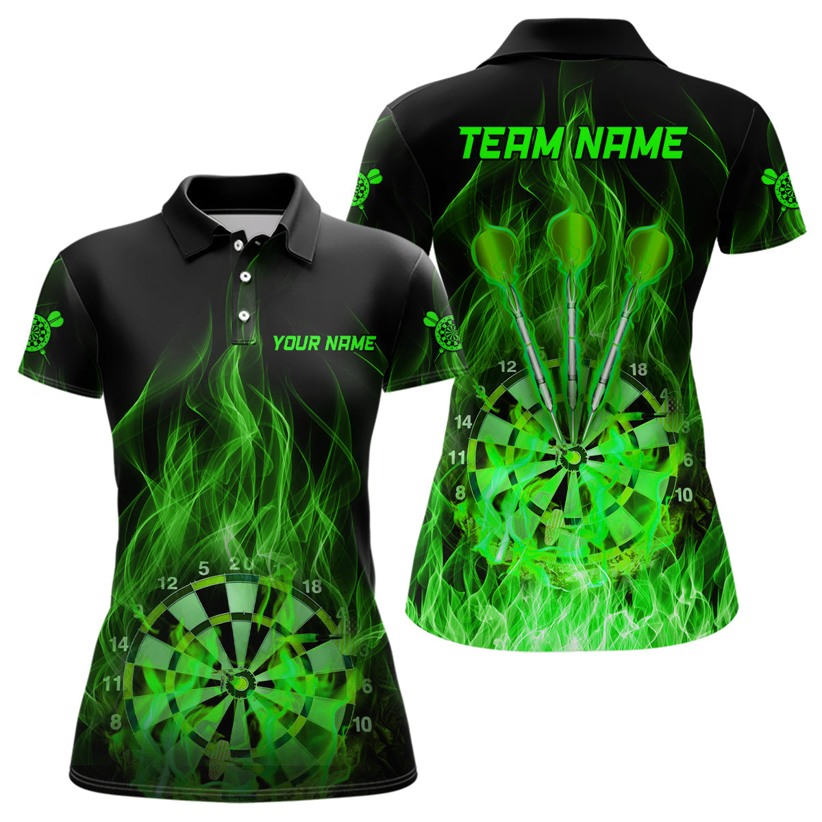 Grüne Feuerflamme Damen Darts Poloshirt – Individuelle Dart Shirts für Frauen Dart Trikots LDT1326