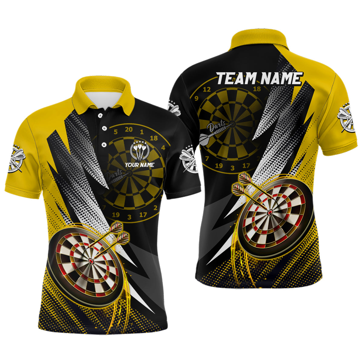Personalisierter Gelb-Schwarz Herren Dart Poloshirt – Individuelles Dartshirt für Männer Teamtrikots LDT1325