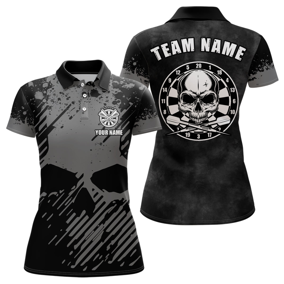 Personalisiertes Schwarz-Grau Grunge Darts Poloshirt – Totenkopf Darts Shirt für Damen Dart Trikot LDT0681