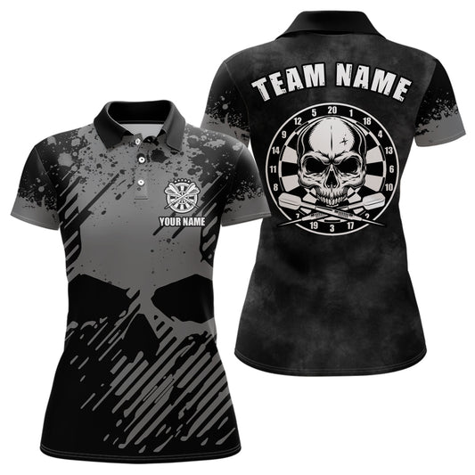 Personalisiertes Schwarz-Grau Grunge Darts Poloshirt – Totenkopf Darts Shirt für Damen Dart Trikot LDT0681