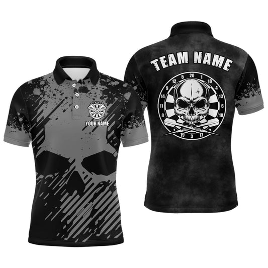 Individuelles schwarz-graues Grunge Herren Dart-Poloshirt – Totenkopf-Dartshirt für Männer Darttrikot LDT0681