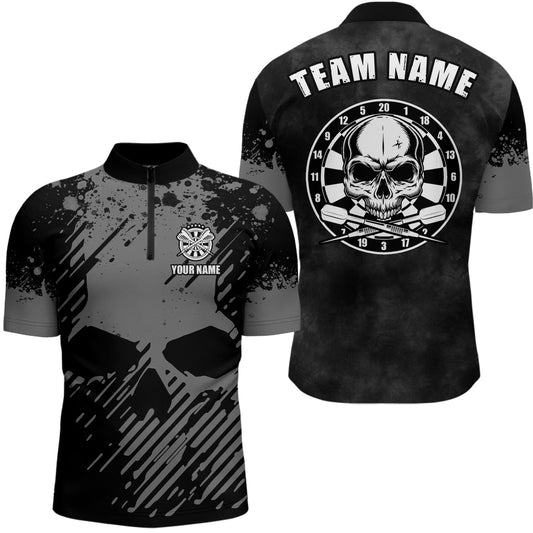 Individuelles Schwarz Grau Grunge Darts Quarter Zip Shirt – Skull Dart Shirt für Männer Dart Trikot LDT0681