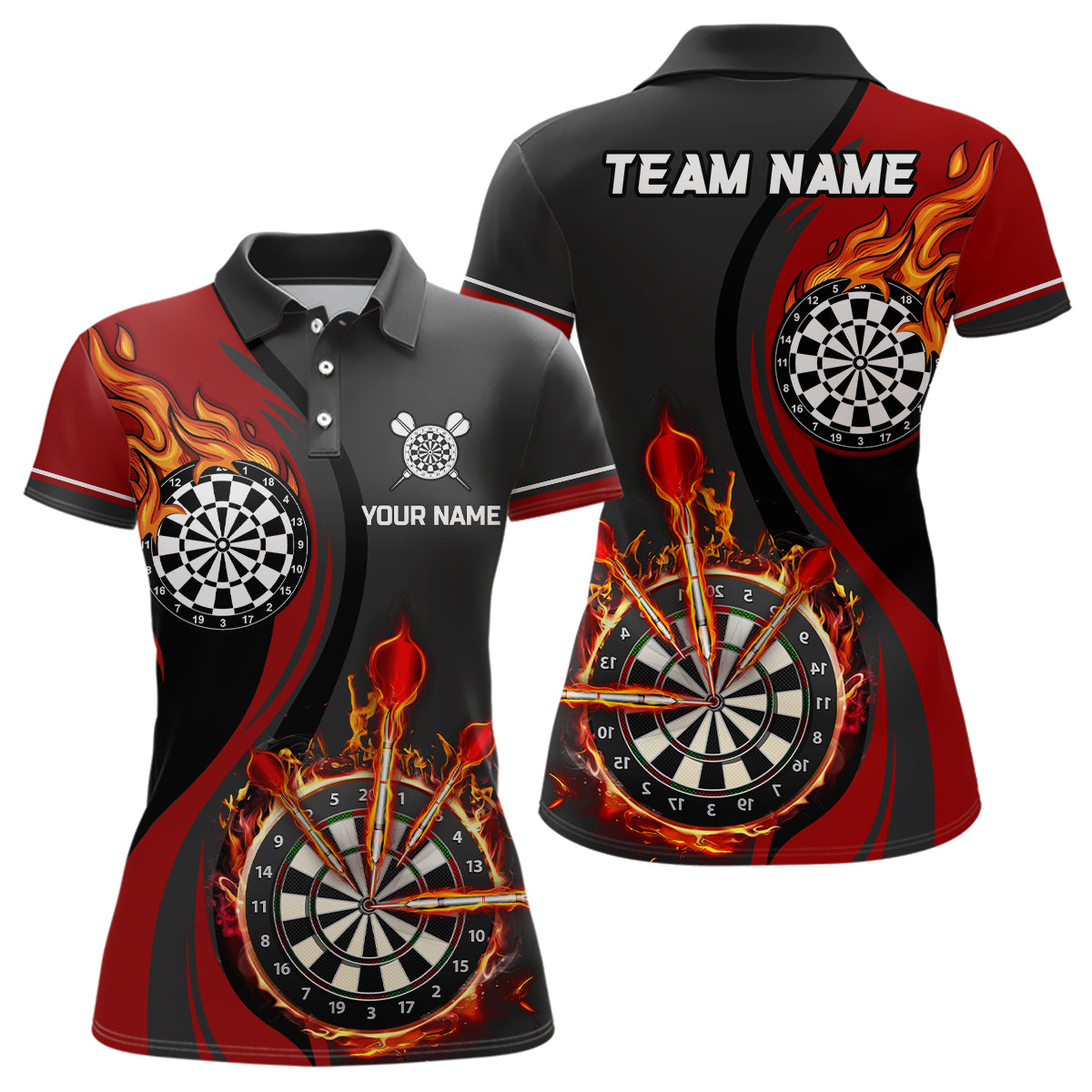 Rote Feuerflamme Damen Darts Poloshirt – Individuelle Dart Shirts für Frauen Dart Trikots LDT1475