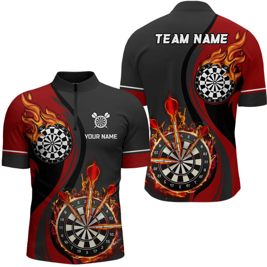 Rot Feuerflamme Männer Darts Quarter-Zip Shirt – Individuelle Dart Shirts für Männer Dart Trikots LDT1475