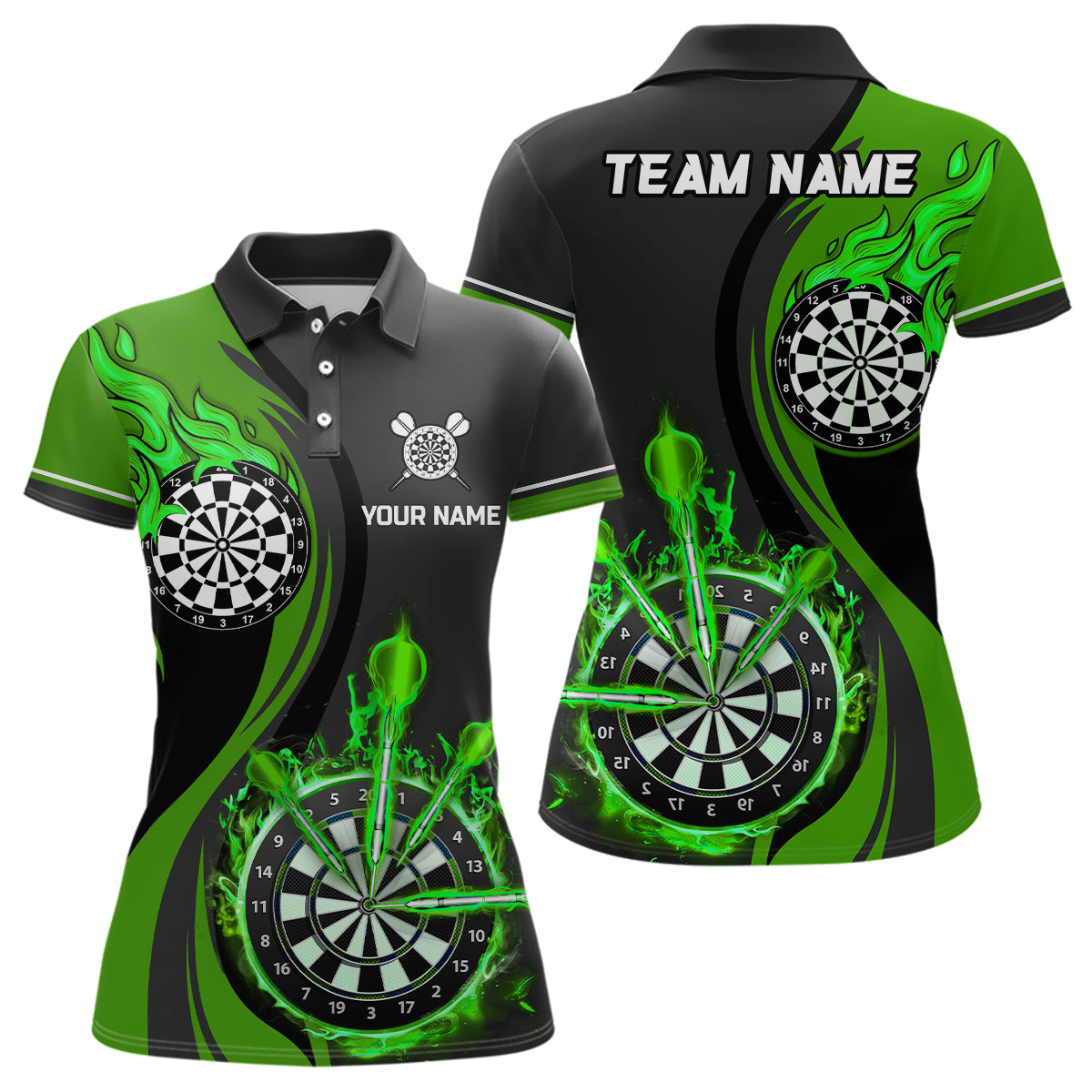 Grüne Feuerflamme Damen Darts Poloshirt – Individuelle Dart Shirts für Frauen Dart Trikots LDT1476