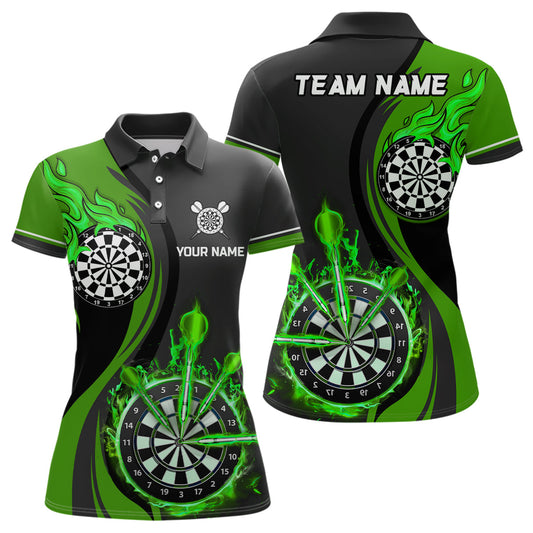 Grüne Feuerflamme Damen Darts Poloshirt – Individuelle Dart Shirts für Frauen Dart Trikots LDT1476