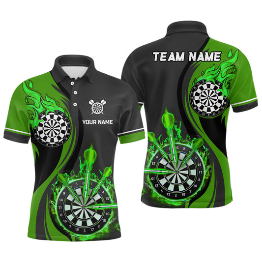 Grüne Feuerflammen Herren Darts Poloshirt – Individuelle Dartshirts für Männer Darttrikots LDT1476