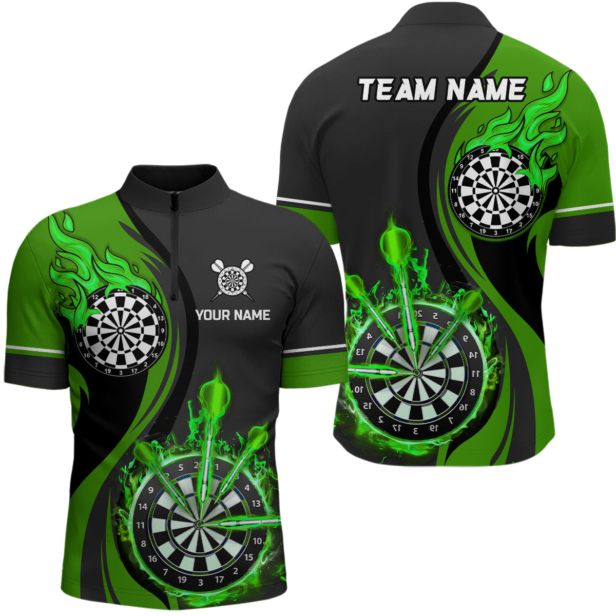 Grün Feuerflamme Männer Darts Quarter-Zip Shirt – Individuelle Dart Shirts für Männer Dart Trikots LDT1476