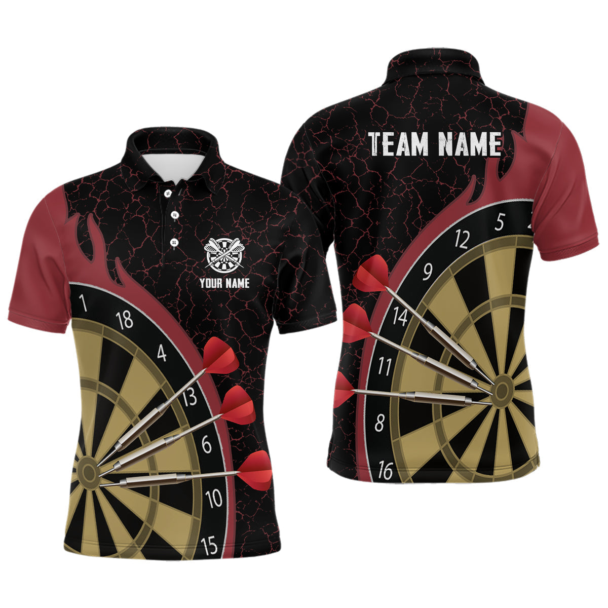 Individuelles Dart-Set Poloshirt mit rotem Feuerflammen-Design – Dartshirt für Männer Darttrikot LDT0396