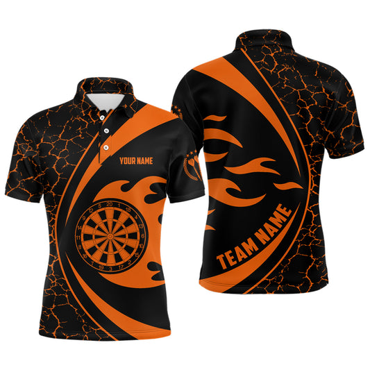 Personalisierter orangefarbener Feuerflammen-Dart Herren Poloshirt – Dartshirt für Männer Darttrikot LDT0711