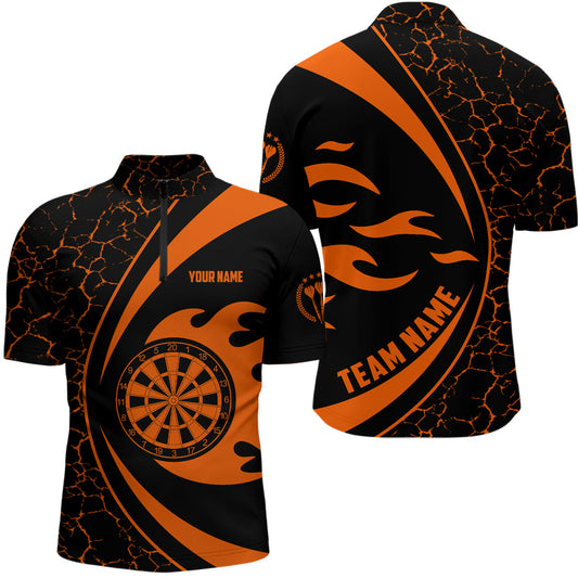 Personalisiertes Orange Fire Flame Darts Quarter Zip Shirt – Dart Shirt für Männer Darts Trikot LDT0711