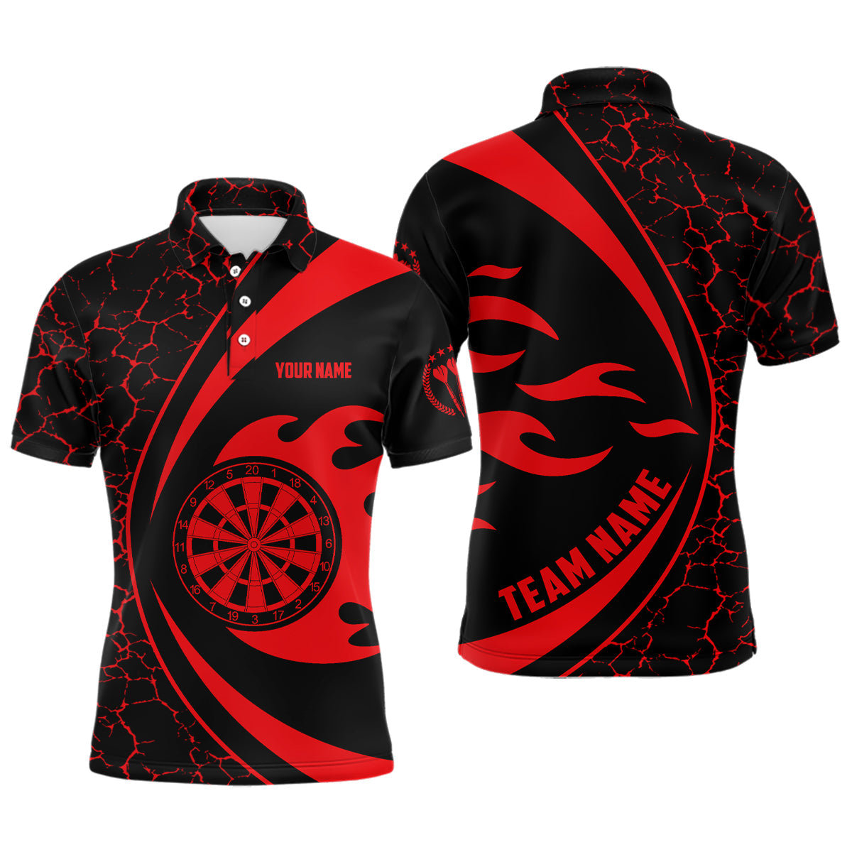 Personalisierter roter Feuerflammen-Dart Herren Poloshirt – Dartshirt für Männer Dart-Teamtrikot LDT0712