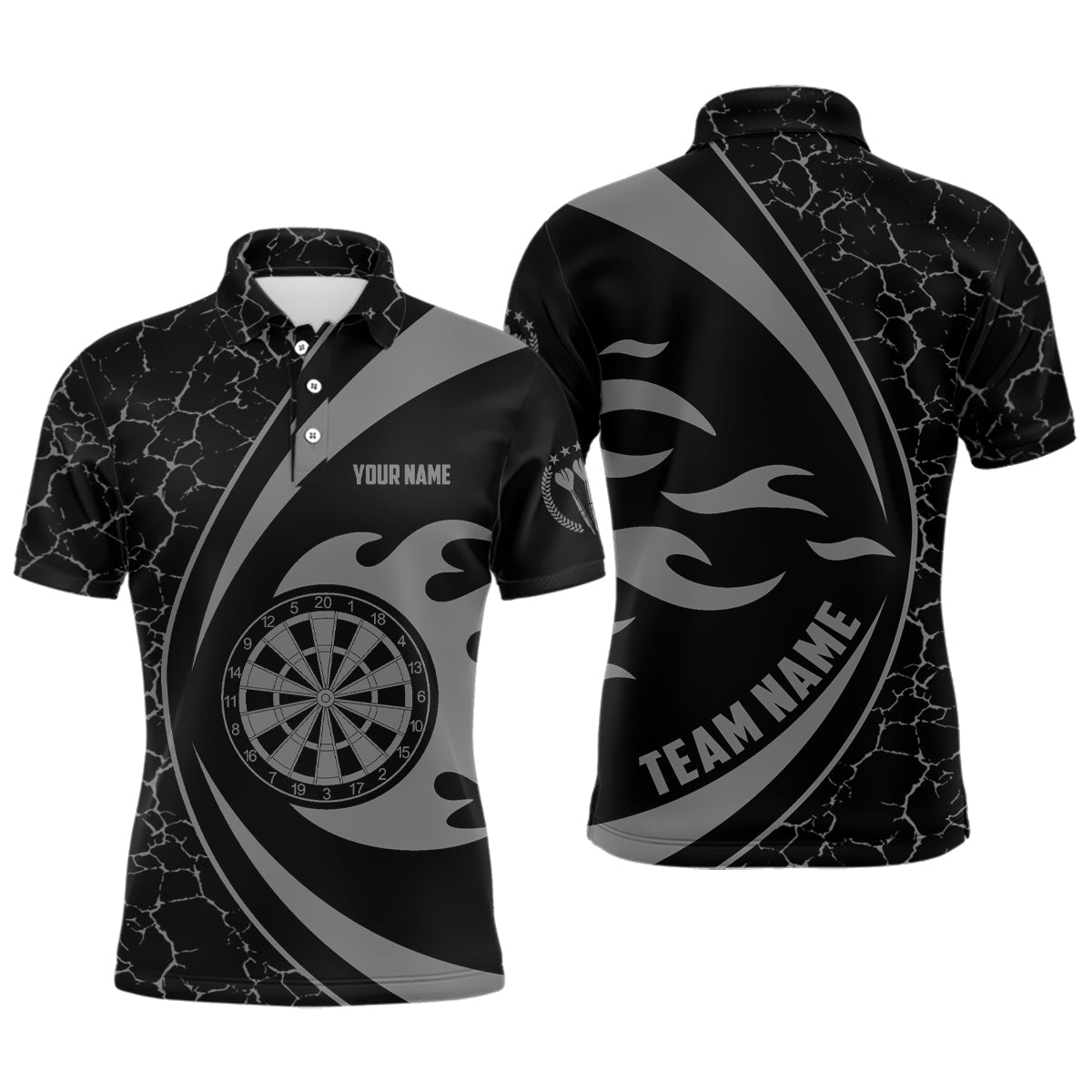 Personalisierter grauer Feuerflammen-Dart Herren Poloshirt – Dartshirt für Männer Dart-Teamtrikot LDT0713