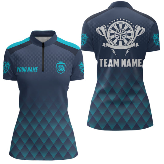 Individuelles Darts Geometrisches Muster Blau Navy Quarter-Zip Shirt – Basis Damen Darts Trikot LDT0420