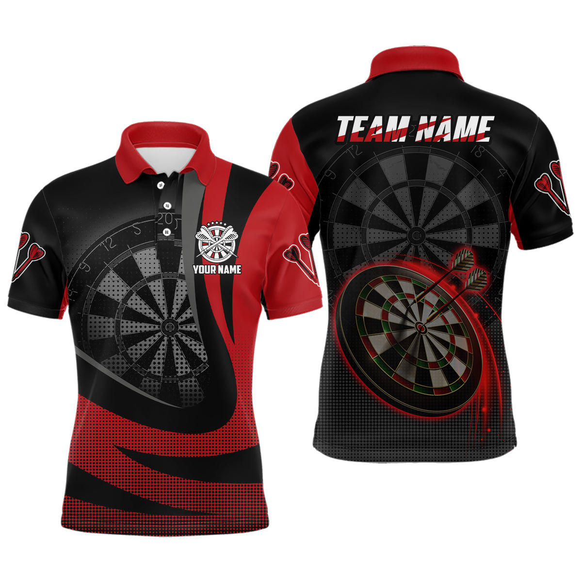 Personalisierter schwarz-rotes 3D Herren Dart-Poloshirt – Cooles Dart-Teamtrikot für Männer LDT0737
