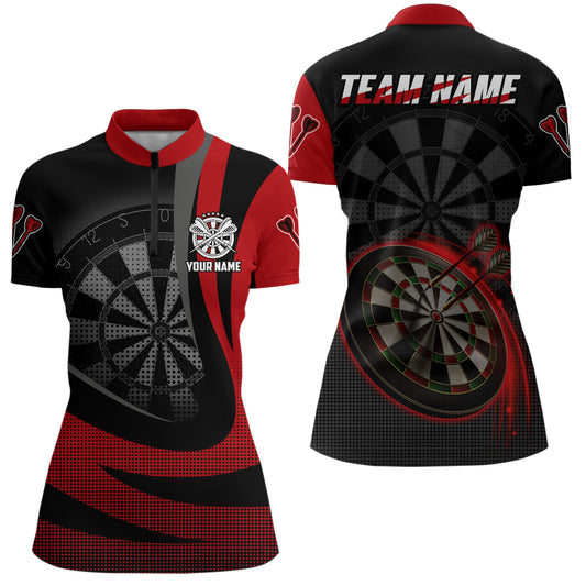Individuelles Schwarz Rot 3D Darts Quarter Zip Shirt, Individuelles Cooles Dart Team Trikot für Damen LDT0737