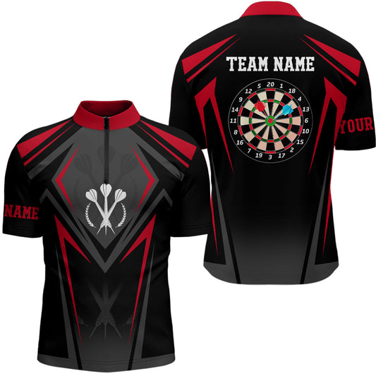 Rot Schwarz Sportlich Individuelles Darts Quarter-Zip Shirt – Individuelle Männer Darts Shirts Dart Trikots LDT0966