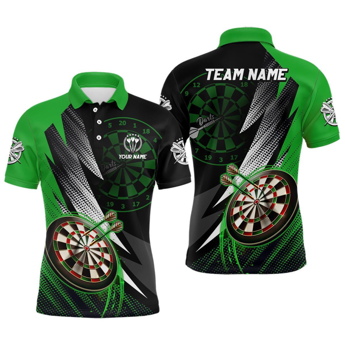 Individuelles Grünes Schwarzes Herren Darts Poloshirt – Cool Dartshirt für Männer Teamtrikot LDT0960
