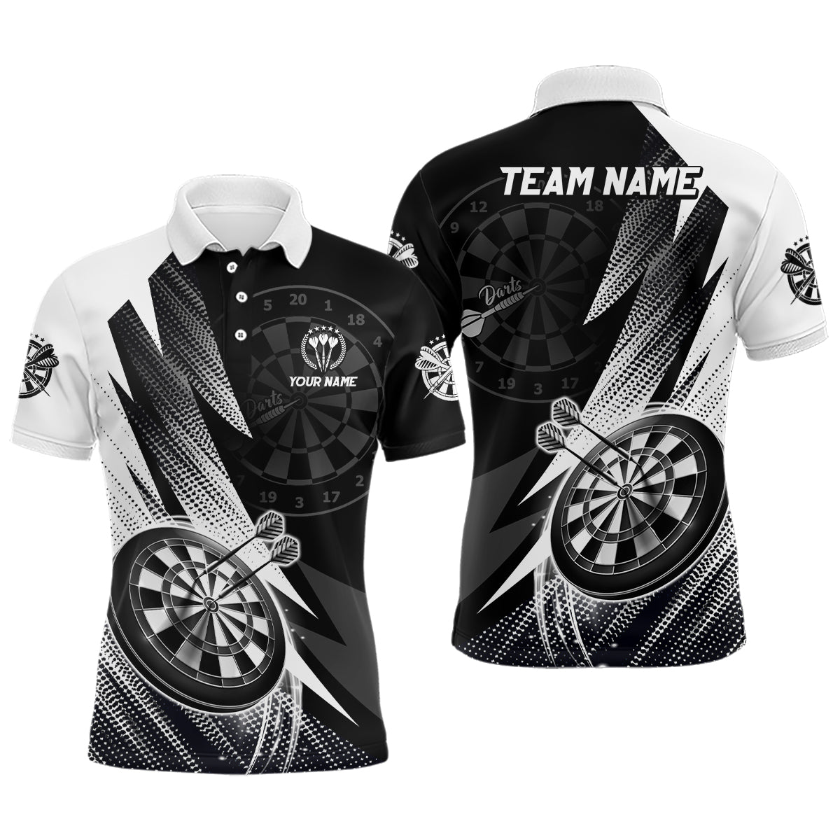 Individuelles Schwarzes Weiß Herren Darts Poloshirt – Cool Dartshirt für Männer Teamtrikot LDT0961