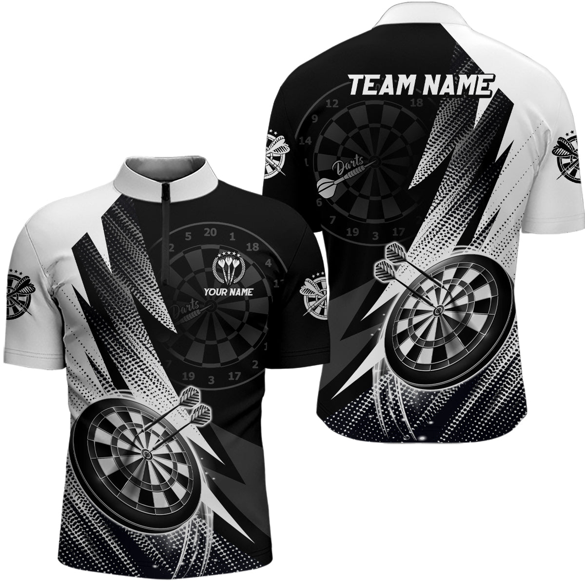 Personalisiertes Schwarz Weiß Darts Quarter-Zip Shirt – Individuelles Cooles Darts Trikot für Männer LDT0961