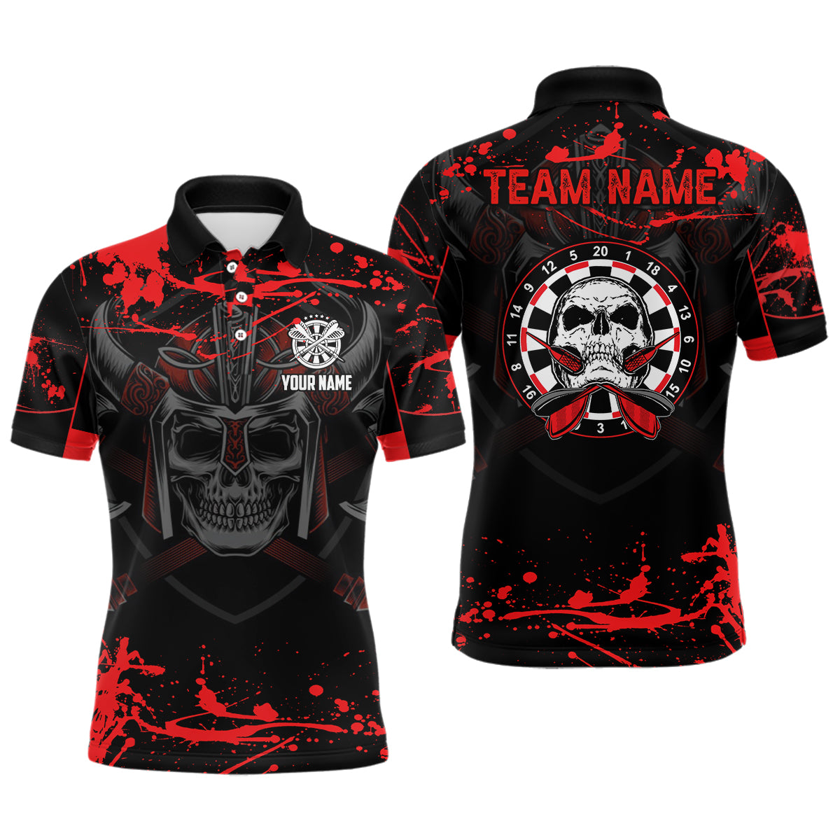 Krieger Totenschädel Darts Herren Poloshirt – Individuelles Rotes Gruseliges Dartshirt für Männer Darttrikots LDT0963