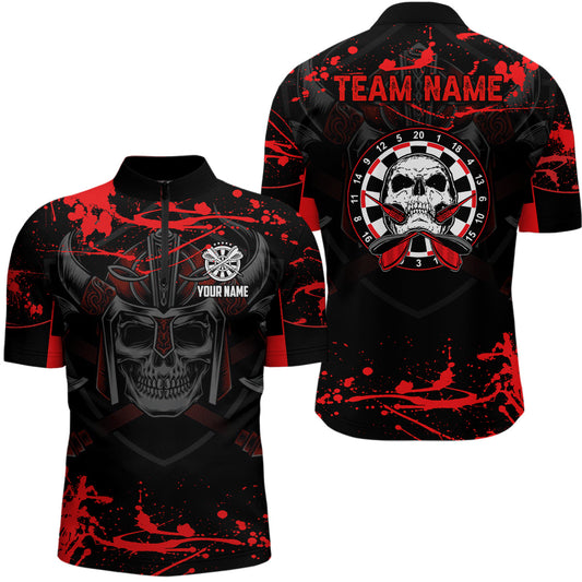 Warrior Skull Darts Quarter-Zip Shirt – Individuelles Rotes Gruseliges Darts Shirt für Männer Dart Trikots LDT0963