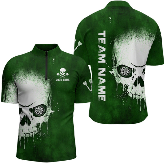 Smoke Skull Green Darts Quarter Zip Shirt, Individuelles Dart Shirt für Herren, Gruselige Dart Trikots LDT1374