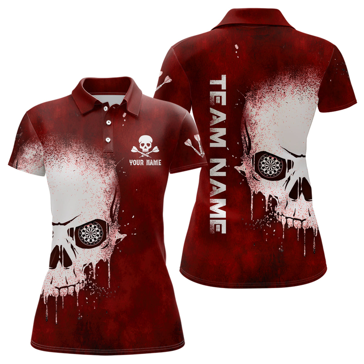 Rauch Skull Rotes Damen Darts Poloshirt – Individuelles Dart Shirt für Frauen Gruselige Dart Trikots LDT1375