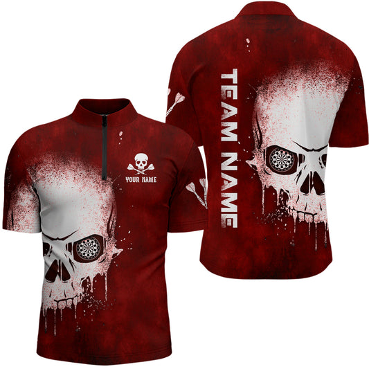 Smoke Skull Red Darts Quarter Zip Shirts, Individuelles Dart Shirt für Herren, Gruselige Dart Trikots LDT1375