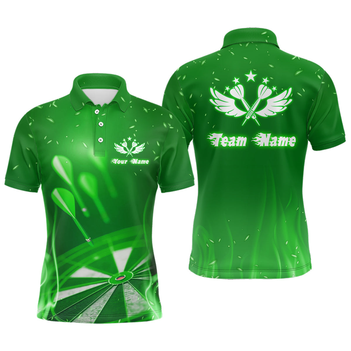 Grünes Feuerflammen Stern Individuelles Herren Darts Poloshirt – Cool Darttrikots für Männer LDT1376