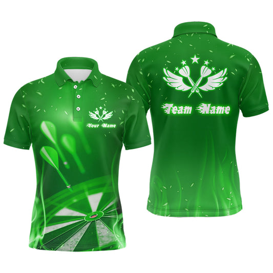 Grünes Feuerflammen Stern Individuelles Herren Darts Poloshirt – Cool Darttrikots für Männer LDT1376