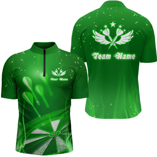 Green Fire Flame Star Individuelles Darts Quarter Zip Shirt, Cooles Dart Trikot für Herren LDT1376