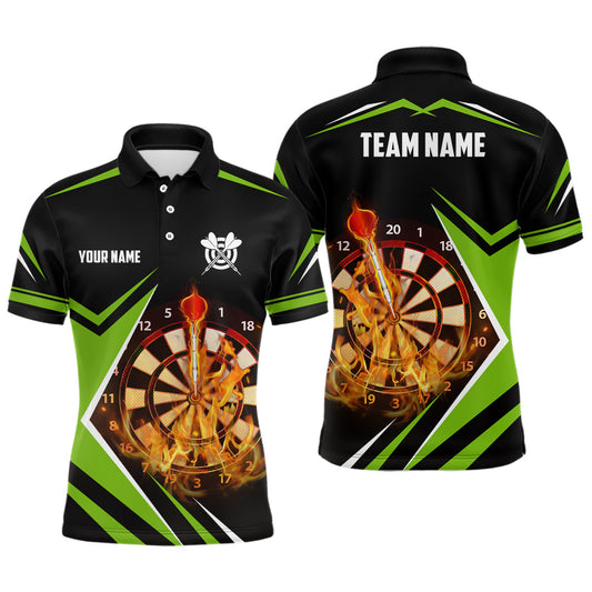 Schwarz Grünes Feuerflammen Herren Darts Poloshirt – Individuelles Dartshirt für Männer Darttrikots LDT1389