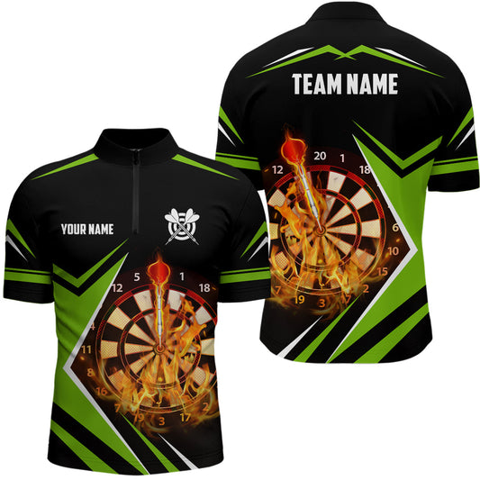 Schwarz Grün Feuerflamme Darts Quarter-Zip Shirt – Individuelles Darts Shirt für Männer Dart Trikots LDT1389