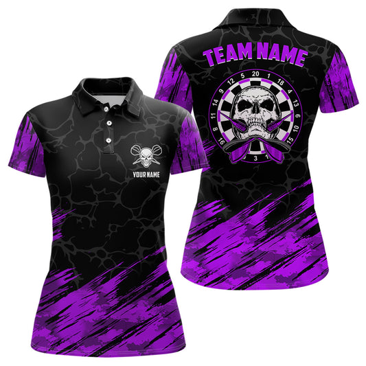 Individuelles 3D All Over Print Skull Darts Poloshirt – Lila Schwarz Dart Trikots für Frauen LDT1394
