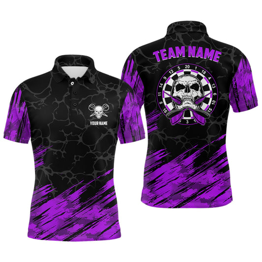 Personalisiertes 3D Allover-Print Totenschädel Darts Poloshirt – Lila Schwarze Darttrikots für Männer LDT1394