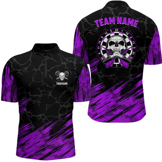 Individuelles All Over Print Skull Darts Quarter-Zip Shirt Lila Schwarz Dart Trikot für Männer LDT1394