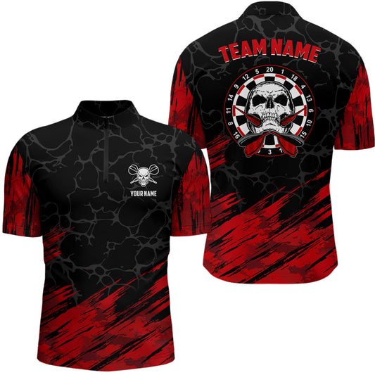 Individuelles 3D All Over Print Skull Darts Quarter-Zip Shirt – Rot Schwarz Dart Trikots für Männer LDT0449