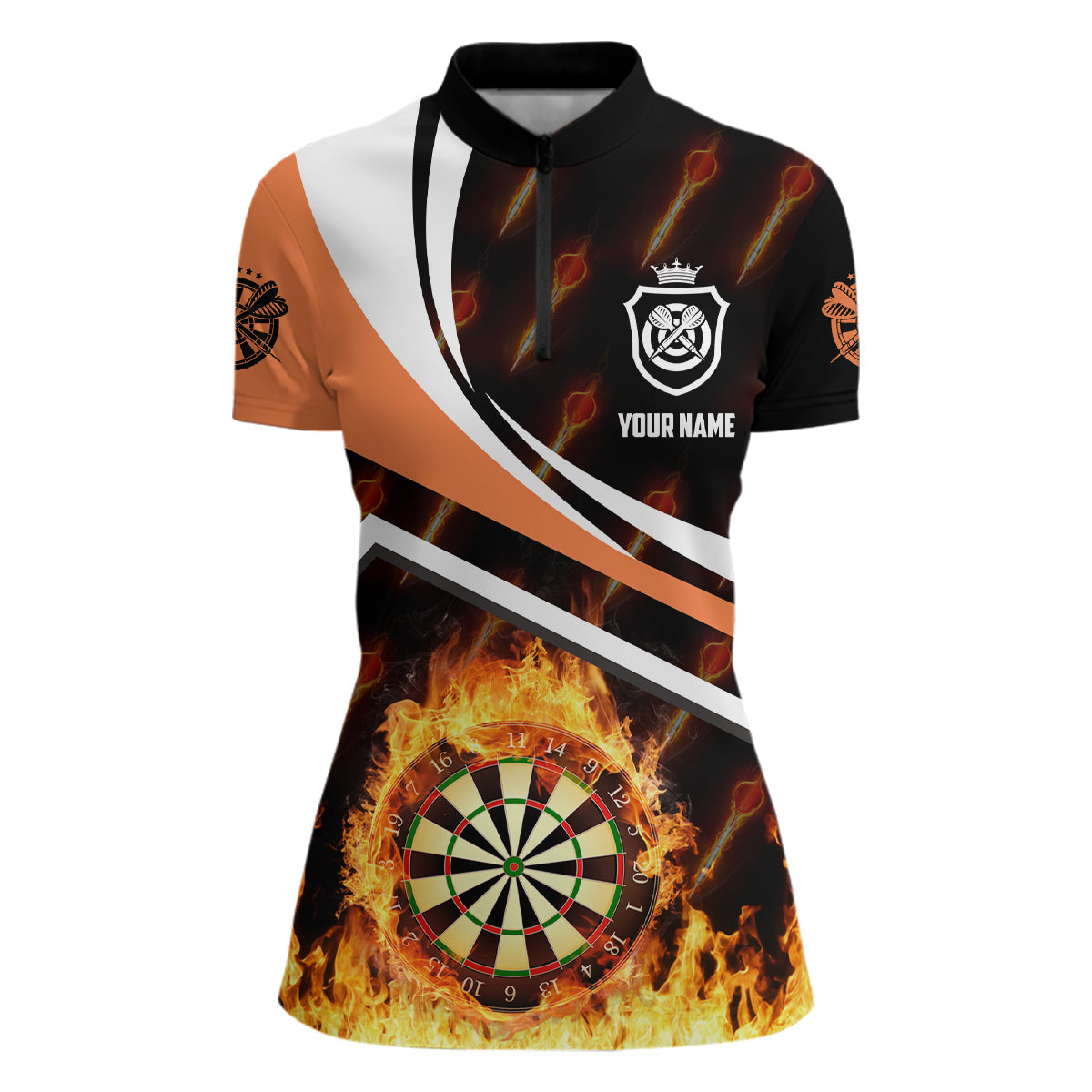 Individuelles Orange Feuerflamme Darts Quarter-Zip Shirt – Darts Shirt für Damen Darts Trikot LDT0441