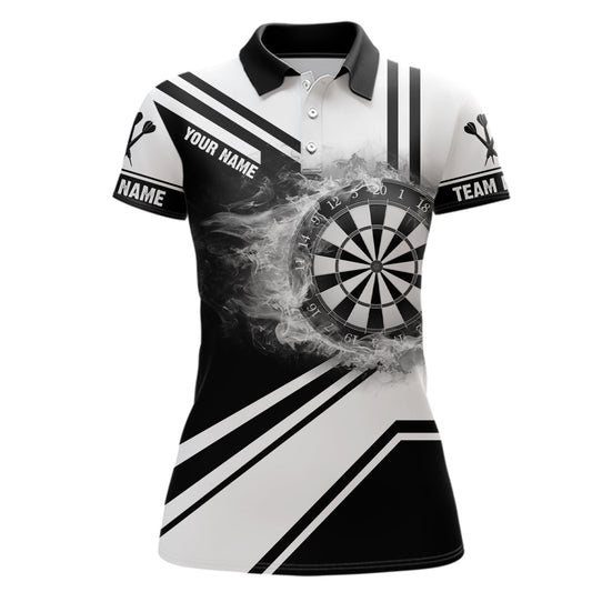 Personalisiertes Schwarz Weiß Feuerflamme Dartscheibe Poloshirt – Individuelles Darts Trikot für Frauen LDT0993
