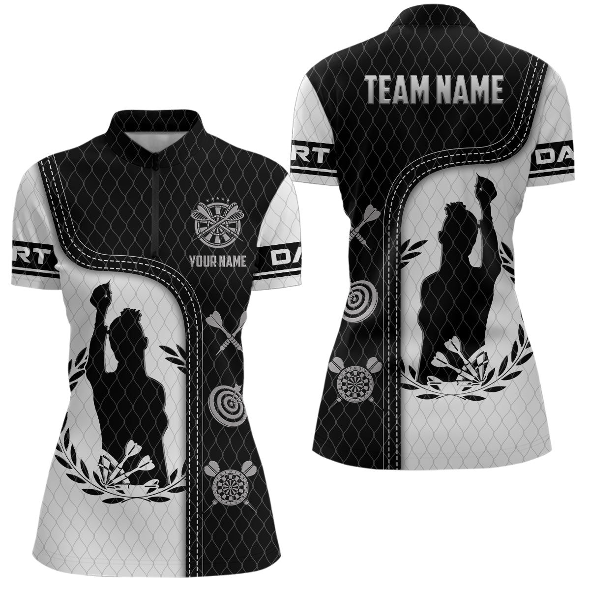 Schwarz Weiß 3D All Over Print Darts Quarter-Zip Shirt – Individuelles Trikot für Damen Spieler LDT0994