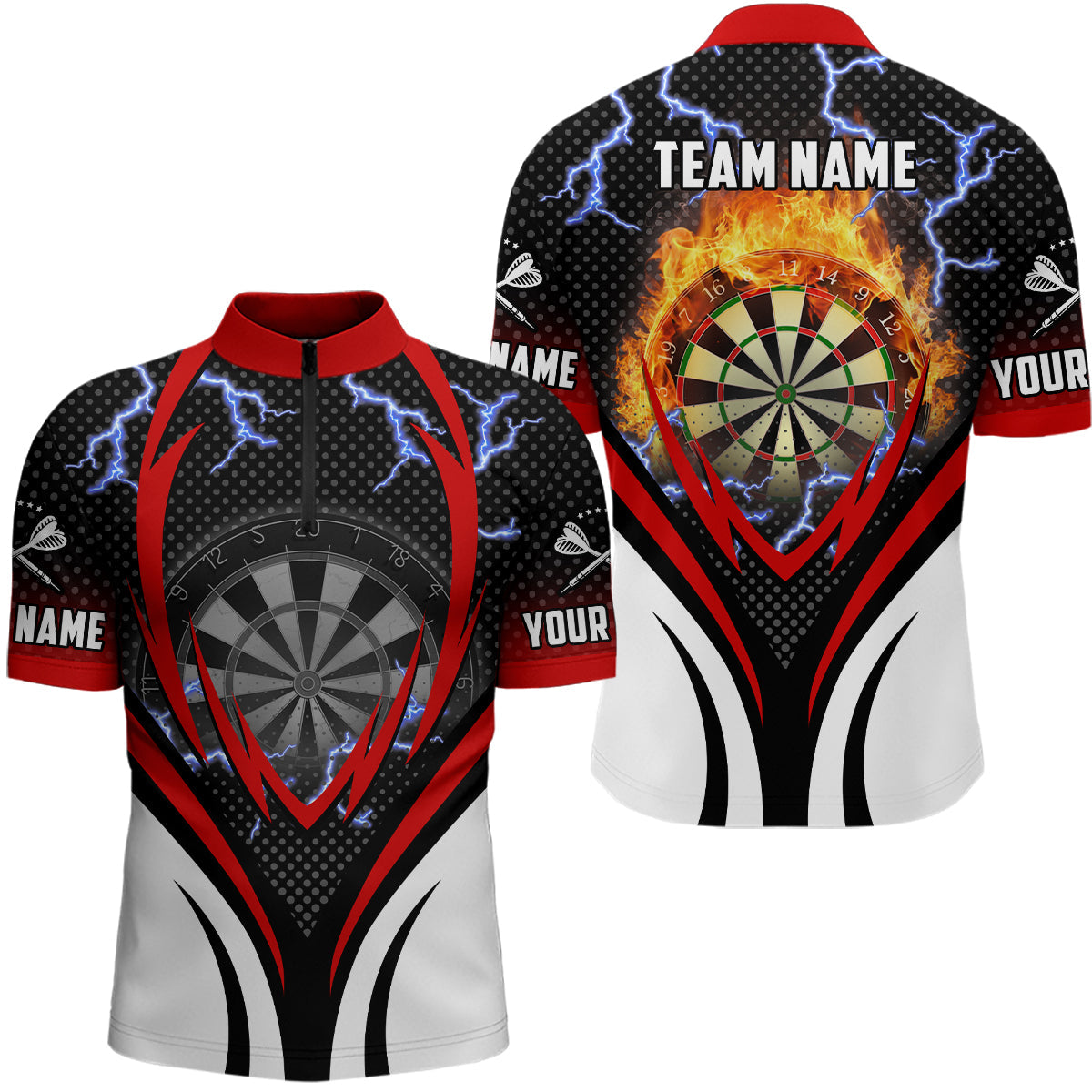 Thunder Lightning Rotes Darts Quarter-Zip Shirt – Individuelles Flammen Männer Darts Shirt Dart Trikot LDT1004