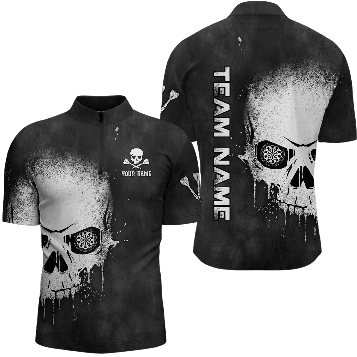 Rauch Skull Schwarz Weiß Männer Dart Quarter-Zip Shirt – Individuelles Gruseliges Trikot LDT1007