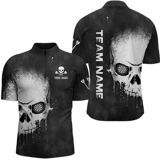 Rauch Skull Schwarz Weiß Männer Dart Quarter-Zip Shirt – Individuelles Gruseliges Trikot LDT1007