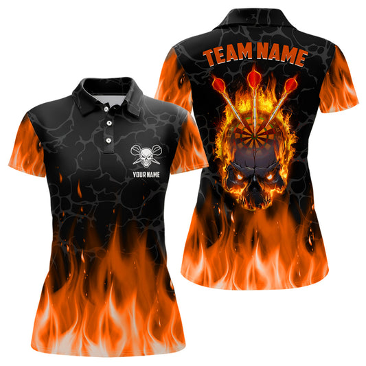 Orange Flammen Skull Damen Dart Poloshirt – Individuelles Gruseliges Dart Trikot LDT1421