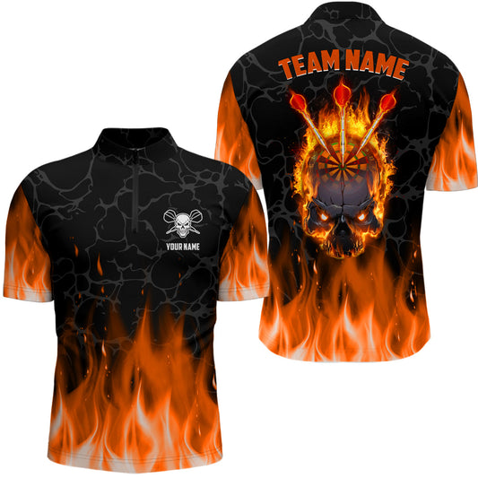 Orange Flammen Skull Darts Quarter-Zip Shirt – Individuelles Gruseliges Männer Darts Shirt Dart Trikots LDT1421